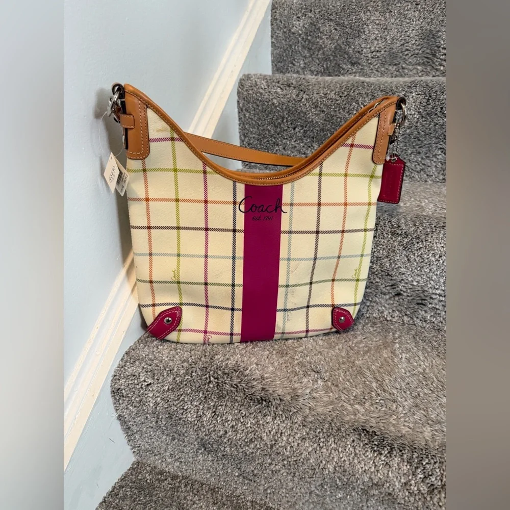Coach Heritage Stripe Tattersall Plaid Hobo Shoulder Bag